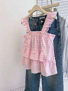 INAWLY Women's Plaid Ruffle Hem & Sleeve Blouse - Baby Pink - View 5