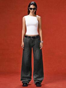 LYSMO Quần jean ống đứng dáng rộng màu trơn thường ngày có đai thắt lưng cho nữ - màu đen - Xem 5