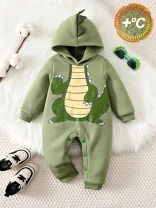 SHEIN 男婴恐龙服装套装，保暖连帽长袖连体衣，可爱恐龙图案，休闲舒适，适合室内、室外、日常穿着、运动、玩耍、派对节日、圣诞节、新年、万圣节等场合。 - 綠色 - 查看 6