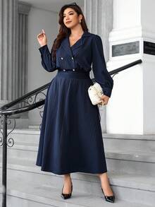 Ellevyn Plus Size Women's Turndown Collar Long Sleeve Dress, Navy Blue Dress, Elegant Dress, Casual Dress, Versatile Dress, Office Commute Dress, Business Dress