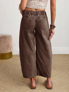 SHEIN PETITE Women's Casual Wide Leg Straight Button Pocket Jeans - Brown - View 2