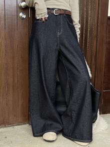 DAZY 女式直筒保暖休闲牛仔裤，秋冬 - 深色水洗藍 - 查看 8