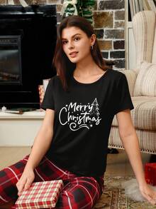 CoupledUp Doze Lane Weihnachts Buchstaben Muster Kurzarm-Top und karierte Hose Damen Lässig Pyjama Set - Schwarz - Übersicht 6