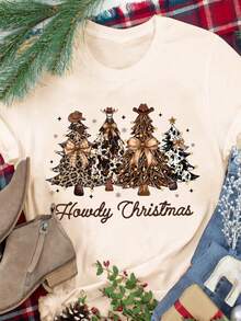 EMERY ROSE Howdy Christmas Western Christmas T-Shirt, Women's Casual Top, Round Neck Short Sleeved Plus Size Women's Clothing, Christmas T-Shirt, Suitable For Spring And Summer