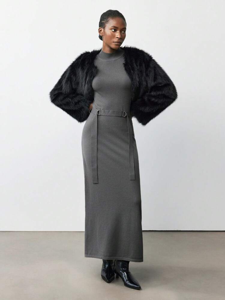SHEIN Maija 2025 Women's Stand Collar Metal Buckle Waist A-Line Knitted Dress Fall Clothes For Women , Fall Outfits Women , Halloween, Elegant, Goth, Wool Sweater Dress,Old Money Style,Business Casual Outfits Women,Belted Design,Long Sleeves,Classic And Wearable Sweater Dress