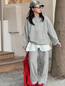 DAZY 2pcs/Set Tween Girls Crew Neck Letter Embroidered Sweatshirt Set, Fall - Light Grey - View 3