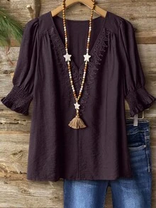 Linhara Áo cánh vải lanh pha trộn phong cách Bohemian cỡ lớn, tay áo 3/4, cổ bèo nhún, thanh lịch, thường ngày - Màu tím - Xem 1