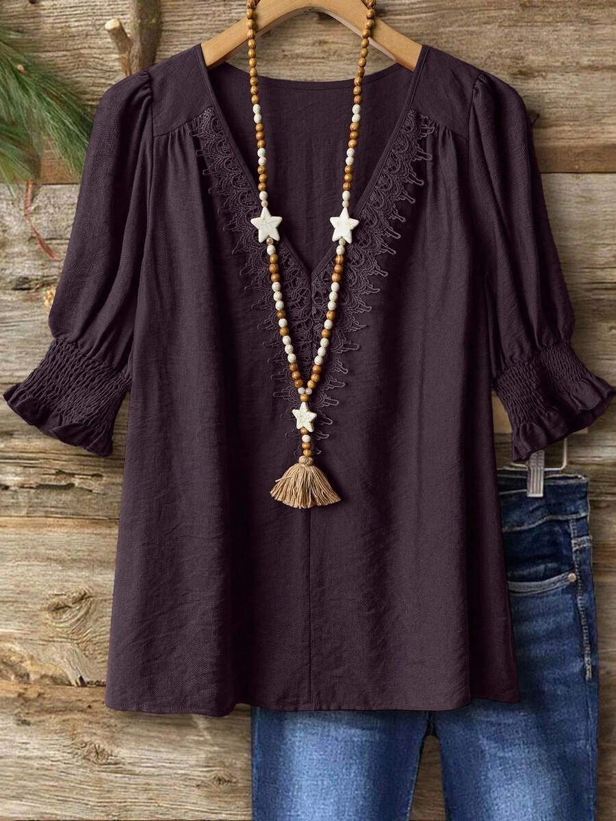 Linhara Áo cánh vải lanh pha trộn phong cách Bohemian cỡ lớn, tay áo 3/4, cổ bèo nhún, thanh lịch, thường ngày - Màu tím - Xem 1