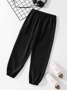 SHEIN Tween Boys' Casual Sports Graphic Print Pockets Loose Fit Drawstring Cargo Pants, Suitable For Commuting, School, Daily Casual, Travel, Sports, Spring/Summer/Autumn/Winter, Black Cargo Pants - Black - View 2