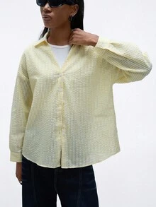 GENKIRA Áo sơ mi nữ dáng suông in sọc, không cần áo ngực, thích hợp mặc đi nghỉ mát. - Màu vàng - Xem 6