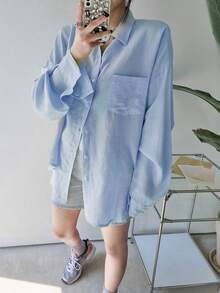 DAZY Camisa holgada de unicolor con cuello regular para mujer, blusa de manga larga para otoño - Agua verde azul - Ver 4