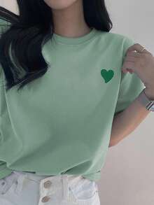 DAZY Women Embroidered Heart Pattern Contrast Color Round Neck T-Shirt Cute Tops - Green - View 4