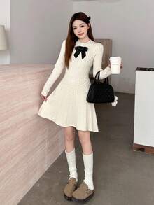 SHEIN Teen Girls Sweater Dresses Elegant Contrast Bow Decor Waisted Cable Knit Sweater Dress/Halloween/Fall/Winter/Glowmode/Autumn/Christmas/Y2k/Pink Cute Girl Dress Long Sleeve White Cable Knit Sweater Dress Bow Knit Dress Korean Dress For Teens - Apricot - View 4
