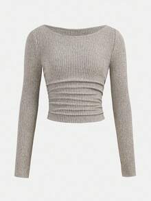 SHEIN Girlism Teen Girls Crew Neck Ruched Waist Long Sleeve T-Shirt And Loose Fit Pants Set - Apricot - View 4