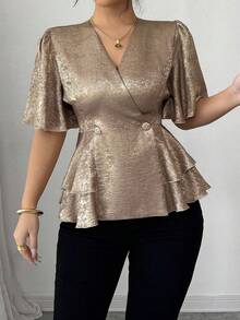 Elenzga 大码女式优雅十字交叉金属面料荷叶边袖修身休闲衬衫，百搭设计，适合通勤、派对、婚礼 - 金色 - 查看 5