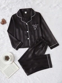 2 件套 Tween Girl 简约香槟色条纹长袖开衫和裤子睡衣套装 - 黑色 - 查看 6