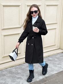 SHEIN 青少年女孩编织休闲百搭时尚纽扣领腰带蝴蝶结口袋宽松长款风衣，休闲军事风格，通勤和户外，返校，秋冬母子搭配，秋季服装，冬季服装