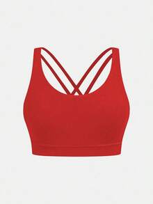 SHEIN Áo bra thể thao thấm hút mồ hôi dành cho bé gái tuổi teen, có đệm mút tháo rời, dây đeo chéo lưng, phù hợp cho yoga và các hoạt động thể thao. - Đỏ - Xem 3