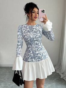 Elenzga Boho-Stil Blume Muster Rundhals Langarm Farbblock Taille gerafft Mini-Kleid, elegantes französisches Design, geeignet für die Abschlussfeier-Saison, Sommeroutfit