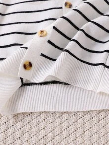 SHEIN Toddler Boys' V-Neck Striped Cardigan, Black & White, Embroidered, Soft Polar Fleece Fabric, Suitable For Casual Wear, Autumn/Winter & Spring Fall - Black and White - View 6