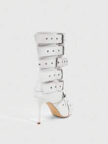 CUCCOO SZL Stivali da donna con punta affusolata e tacco a spillo alto, tomaia in PU bianco con decorazioni in occhielli d'argento, alla moda e confortevoli per feste e discoteche