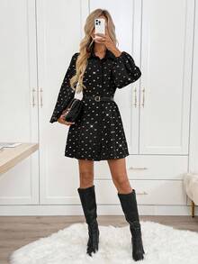 SHEIN LUNE Vestido casual de mujer con lámina de oro para fiestas, atuendo básico para uso diario y salidas en otoño/invierno, vestido mini de manga larga - Negro y oro - Ver 5