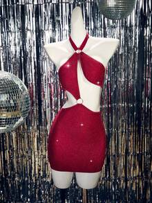 SHEIN Sexy rückenfreies Minikleid für Damen, Cut-Out Rücken - Bordeaux - Übersicht 7