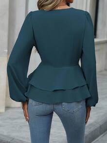 EMERY ROSE Blusa de manga larga con cuello en V de unicolor minimalista para mujer - Agua verde azul - Ver 2