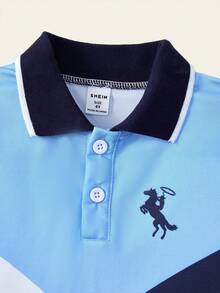 1pc Young Boy Casual Polo Shirt, Collared Colorblock Long Sleeve Polo Shirt Fall Winter - Blue - View 4