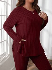 SHEIN Cottnline Plus Size Comfortable Knitted Ribbed 2 Pieces Set - Burgundy - View 6