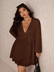 Elaquor Đầm tay đèn lồng cổ chữ V sâu gợi cảm thời trang cỡ lớn - màu nâu - Xem 6