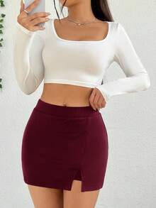 SHEIN EZwear Jupe rouge vin d'automne pour femmes avec fentes latérales - Rouge foncé - Voir 6