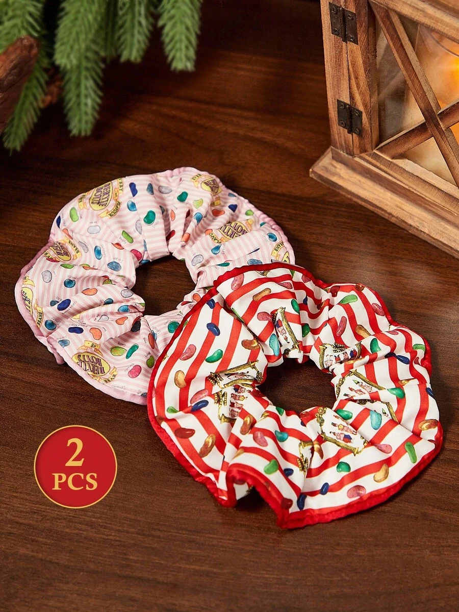 HARRY POTTER X SHEIN 2pcs/Set Fashionable & Cute Plus Size Pink & Red Every Flavour Beans Scrunchies, Elastic Hair Ties For Daily Hairstyles,Christmas