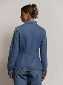 MUSERA Áo khoác denim dài tay ôm dáng, cổ bẻ, thích hợp cho kỳ nghỉ hè, du lịch, phong cách thường ngày, dễ thương, thanh lịch, cá tính, dành cho phái nữ, trang phục công sở mùa thu đông, mùa xuân. - Rửa trung bình - Xem 4