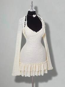 SHEIN ICON 针织提花层叠荷叶边吊带裙与长袖披肩套装 - 杏色 - 查看 1