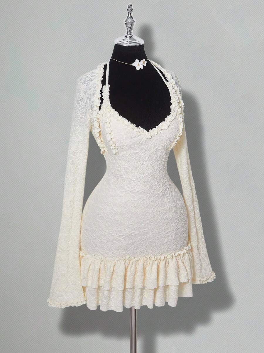 SHEIN ICON 针织提花层叠荷叶边吊带裙与长袖披肩套装 - 杏色 - 查看 1