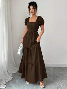 Selianne Elenzga 女士优雅长裙，独特领口，多层拼接，荷叶边，修身设计/垂坠/分层/假日装扮/波西米亚风/浪漫花卉/度假休闲 - 咖啡棕 - 查看 4