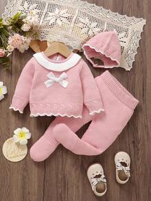 SHEIN 3pcs Baby Girls' Sweet Peter Pan Collar Sweater Set - Blouse With Bow Decor + Leggings + Hat, Newborn Outfit Cozy Baby Girl Outfit Set Baby Girl Knitted Outfit Baby Girl Sweater Set Pink Bow Baby Outfit Baby Girl Winter Clothes Set Fall Cozy Pixies Baby Girl Set Baby Set Autumn Winter Season