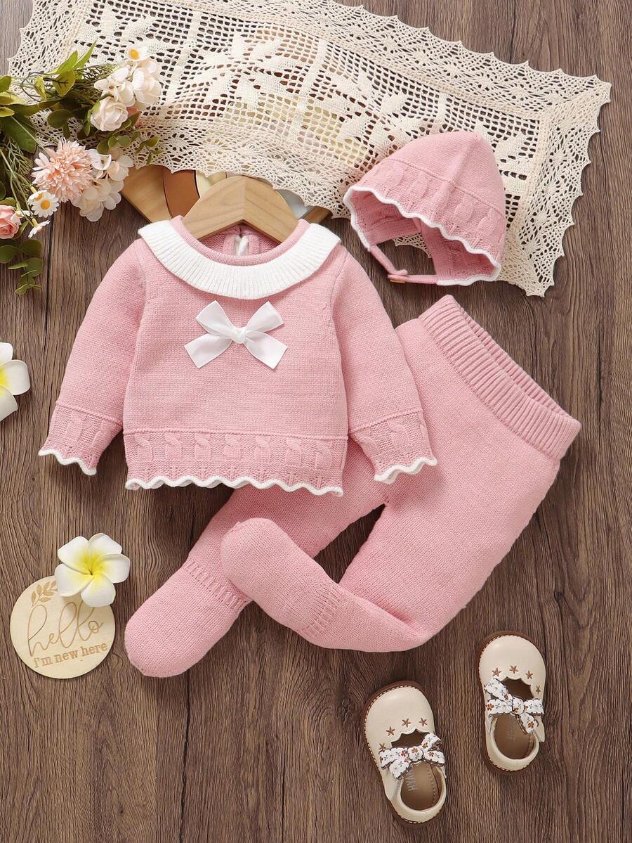 SHEIN 3pcs Baby Girls' Sweet Peter Pan Collar Sweater Set - Blouse With Bow Decor + Leggings + Hat, Newborn Outfit Cozy Baby Girl Outfit Set Baby Girl Knitted Outfit Baby Girl Sweater Set Pink Bow Baby Outfit Baby Girl Winter Clothes Set Fall Cozy Pixies Baby Girl Set Baby Set Autumn Winter Season