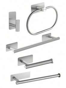 1 pièce Ensemble d'accessoires de salle de bain en acier inoxydable, barre à serviette, anneau à serviette, crochet à vêtements, porte-papier toilette, montage mural - Argent - Voir 3