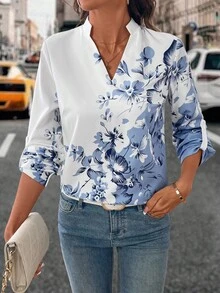 SHEIN LUNE Women's Stand Collar Printed Long Sleeve Fitted Blouse - White - View 5