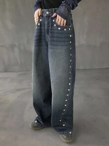 FRIFUL 女式休闲直筒百搭纽扣口袋阔腿牛仔裤 - 藍色 - 查看 6