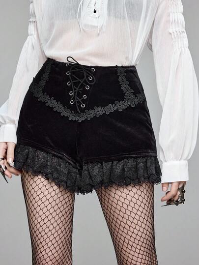 EDITION Gothic Lace Trim Velvet Women's Shorts, Dark Halloween