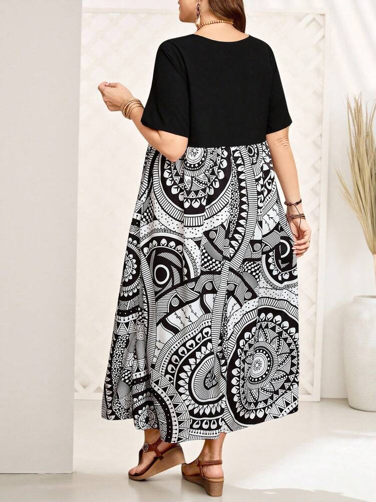 Plus Size Women's Summer Printed Spliced Dress,Beach Dress Sundress,Holiday Outfits Boho
