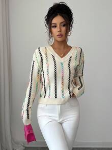 Elenzga V-Neck Colorful Rope Knitted Sweater For Women
