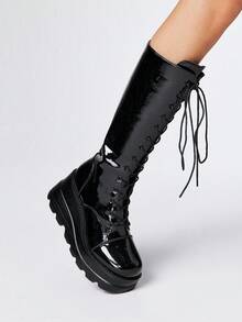 ROMWE Giày bốt cao đến bắp chân Y2K buộc dây phong cách Punk Goth, giày bốt cao gót đế dày có khóa kéo bên hông, giày bốt cao đến bắp chân phong cách Punk Dark Campus thường ngày dành cho nữ - màu đen - Xem 3