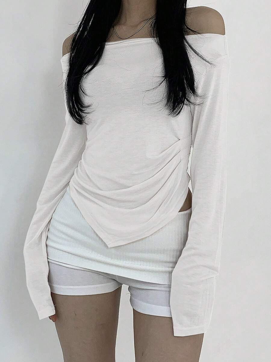 DAZY Women's Casual Off-Shoulder Asymmetrical Hem T-Shirt In Solid Color, Spring & Autumn,Off Shoulder Top,Back To School Clothes Long Sleeve Women Tops,Fall Women Clothes - White - View 1