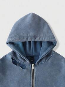 ROMWE MEN Grunge Punk 男士秋季拉链连帽运动衫，带口袋，休闲 - 藍色 - 查看 3