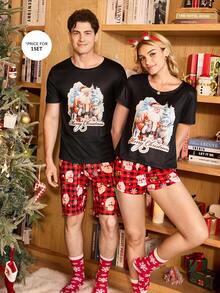CoupledUp Men's Santa Claus & Reindeer Print Short Sleeve Top & Shorts Pajama Set, Christmas - Multicolor - View 3
