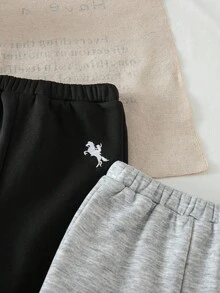 SHEIN 2Pcs Newborn Baby Girl Winter Casual Grey Fleece Long Pants Set,Small Horse Embroidered Elastic Waist Back-To-School School Trousers,Buy One Get One - Multicolor - View 6
